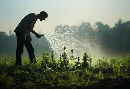 young man watering plants in the garden. The image is backlit by the sun, drops of water are visible in the air.の素材