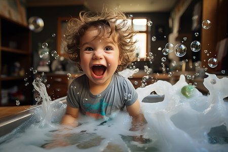 Cute happy child playing with water, soap bubbles and foam in kitchen sink at homeの素材