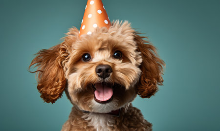 Happy cute dog in party hat celebrating birthdayの素材