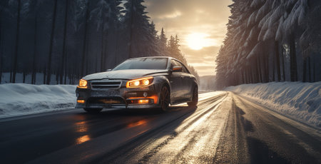 majestic view of a car on a snowy road at sunset among the forestの素材