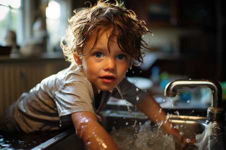 Cute happy child playing with water, soap bubbles and foam in kitchen sink at homeの素材