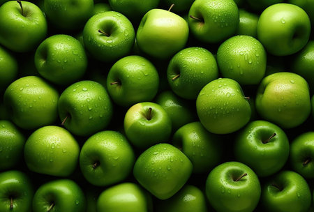 Green apples, raw fruit and vegetable backgrounds from above, part of healthy organic fresh food collectionの素材