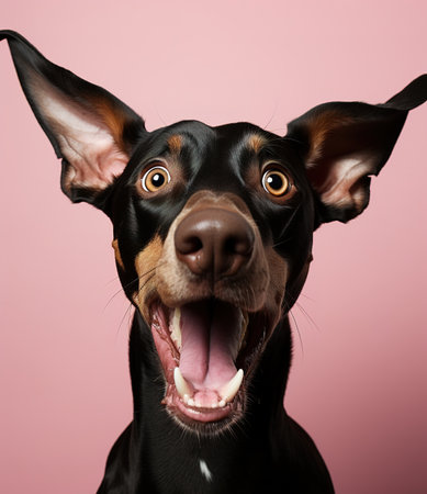 Doberman on a pink background. funny pet, funny dogの素材