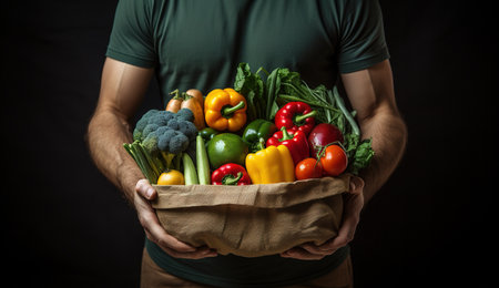 Healthy eating. Healthy vegan vegetarian food in paper bag, vegetables and fruits, copy space, banner.clean vegan food concept.の素材