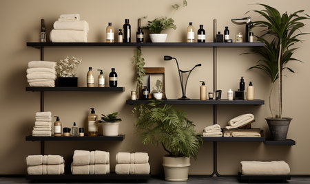 Cosmetic skin care products on a shelf, set of cosmetic bottles, healthy cosmetology, spa treatment concept, copy space, banner.の素材