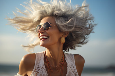 Laughing cheerful blonde woman with a sense of humor standing on the beach, older woman enjoying lifeの素材