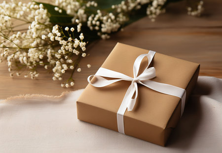 gift box and flowers on a light background. present. Flat lay style with copy space.の素材