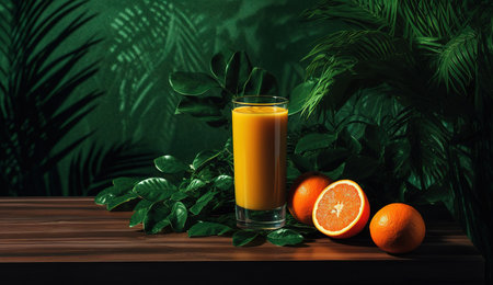 a glass of freshly squeezed orange juice with fresh fruitの素材