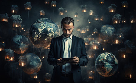 Data science and big data technology. A scientist performs calculations, analyzes and visualizes a complex set of data on a computer. Data mining, artificial intelligence, machine learning, business intelligence.の素材