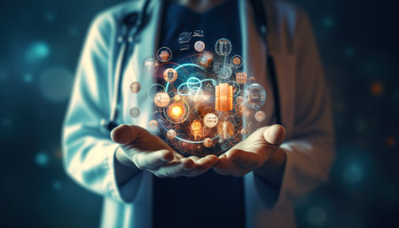 Science graphic of explorer hands holding world research and developmentの素材