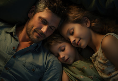 father with children, conversations before bed, growing up in a loving familyの素材