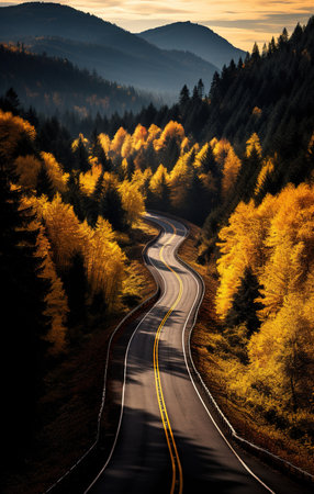 Road on a sunny day in golden autumn. Beautiful road, Landscape with an empty highway in autumnの素材