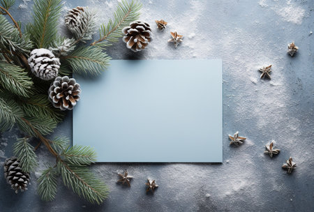 Blank white card surrounded by pine branches and pine cones on the background, perfect for a winter or holiday themed designの素材