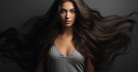 Close-up of a brunette woman's hair with loose curls on a black background. Hair is styled in loose curls and looks shiny and healthy. This image is perfect for projects related to hair care and beauty.の素材