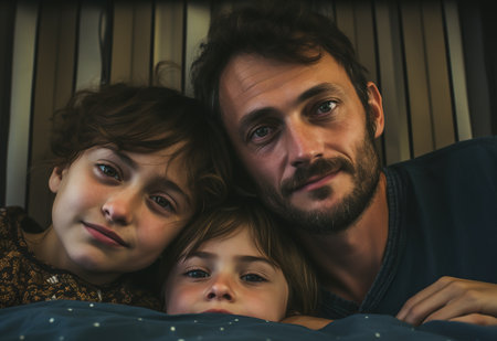 father with children, conversations before bed, growing up in a loving familyの素材