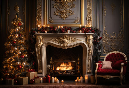 Elegant Christmas fireplace scene with holiday decorations, perfect for holiday background and designの素材