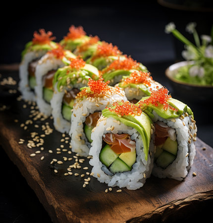 Gourmet sushi rolls elegantly presented on a wooden board in a rustic styleの素材