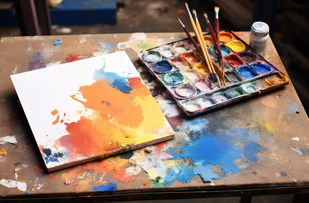 various drawing tools: brushes, spatula, roller, paints, blank on a wooden easel. flat style on a blue background. copywriting, layout. art concept, learning to draw.の素材