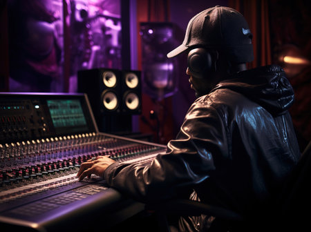 Professional recording studio with modern equipment illuminated by moody red lightingの素材