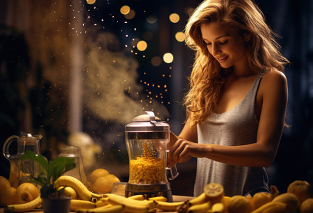 Magical healthy evening: woman preparing fresh fruit smoothie in sparkling atmosphereの素材
