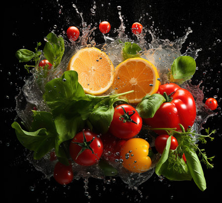 Splashes of fruits on the water. Fresh fruits and vegetables are removed when they are submerged underwater. Illustration of washing food products before further processing into healthy and natural foodの素材