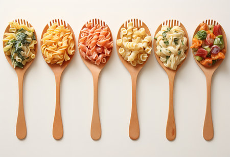 Various types of delicious pasta on spoons, assorted pastaの素材