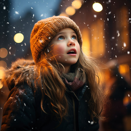 Close-up portrait of a cute little girl looking at holiday sparklesの素材