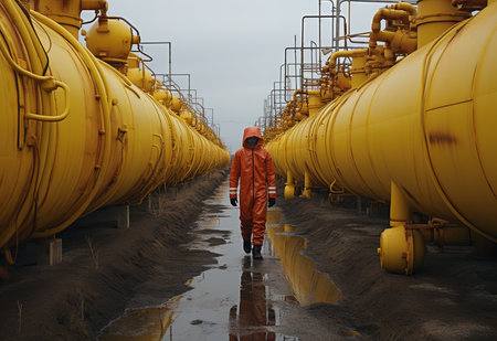 worker wears chemical protection suit, checks for hazardous chemicals, works in hazardous area. Health workers in protective suits work together to control the outbreakの素材