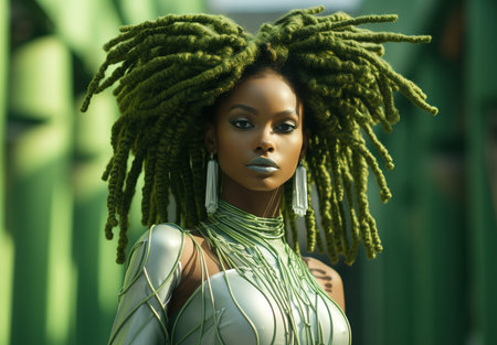 Close-up of a pretty young woman with dreadlocks and earringsの素材