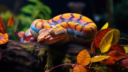 Cute snake on a background of leaves. it is a type of yellowish-brown snakeの素材