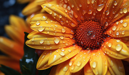 Close-up of a brightly blooming yellow flower, drops on flower petalsの素材