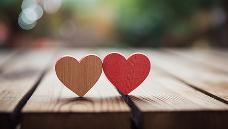 Symbol of Love: Two Wooden Hearts on a Rustic Table with a Blurred Backgroundの素材