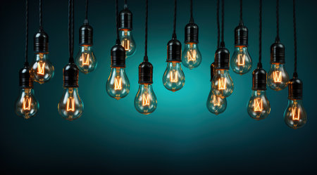 Vintage illumination: a warm and cozy atmosphere created by hanging light bulbsの素材