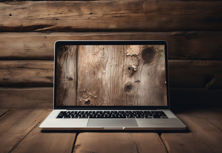 laptop on wooden backgroundの素材