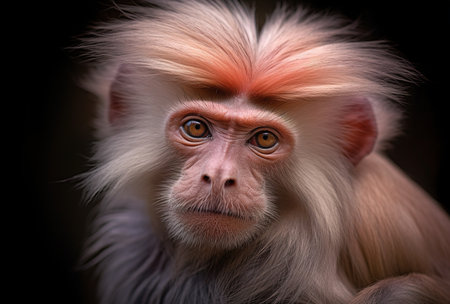 Close-up portrait of a monkey. Isolate on black background.の素材