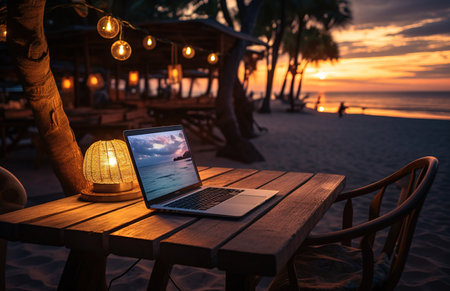 using a laptop computer on the beach. Freelance work, vacation, remote work, social distancing, e-learning, communication, creative professional, new business, online meeting conceptの素材