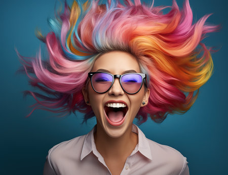 Girl with colorful dyed hair. Girl with perfect makeup and hairstyle. Model with perfect healthy colored hair. Rainbow Hairstylesの素材