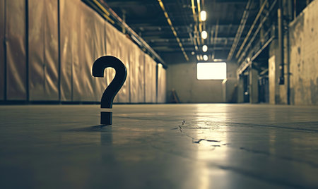 Mysterious atmosphere: a black question mark in a dimly lit abandoned industrial corridor.の素材