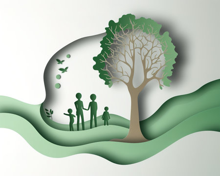 A harmonious combination of city life and nature: family, greenery and birds in the urban landscapeの素材