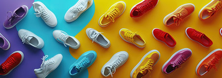 A vibrant display of sneakers in different colors on a colorful background, perfect for a fashion and retail theme.の素材