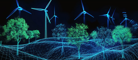 An ethereal landscape with wind turbines among a forest under a starry night sky, illustrating renewable energy and the harmony of natureの素材