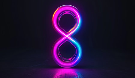 A bright neon number 8 illuminated in shades of pink and blue, perfect for countdowns, date nights or special offers.の素材
