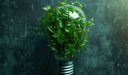 Green innovation concept: light bulb filled with lush green leaves on a dark background, symbolizing the integration of nature and technologyの素材
