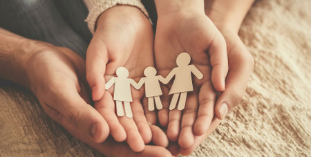 Unity and togetherness - hands holding a paper cutout of a family symbolizing unity, love and supportの素材