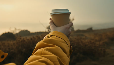 eco glass, close-up of a hand holding coffee among nature, illuminated by the soft glow of the sunriseの素材