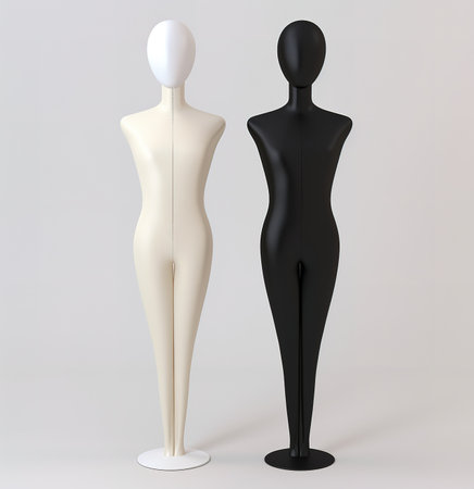 Elegant black and white mannequins standing side by side, ideal for displaying fashionable clothingの素材