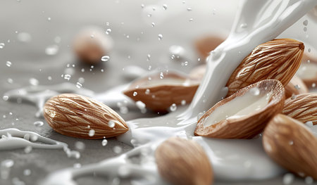 nutritious almond milk poured into a glass surrounded by almonds and splashes flying through the airの素材
