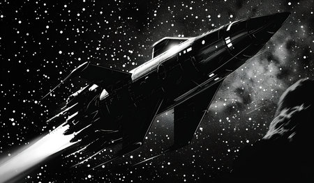 Journey Beyond: Detailed illustration of a spaceship floating in starry space, overlooking a mysterious planetの素材