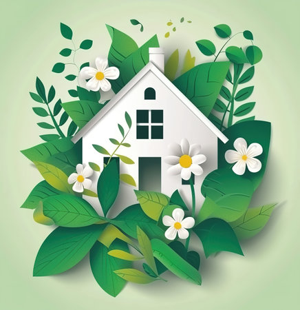 A charming paper craft featuring a cozy green home surrounded by bright blooming flowers, perfect for home and family theming.の素材