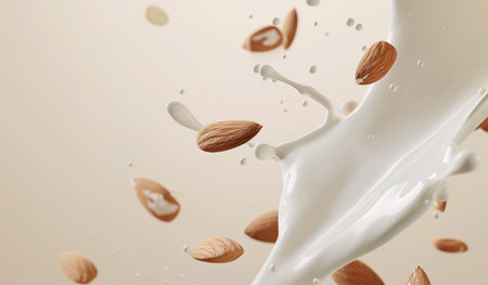 nutritious almond milk poured into a glass surrounded by almonds and splashes flying through the airの素材